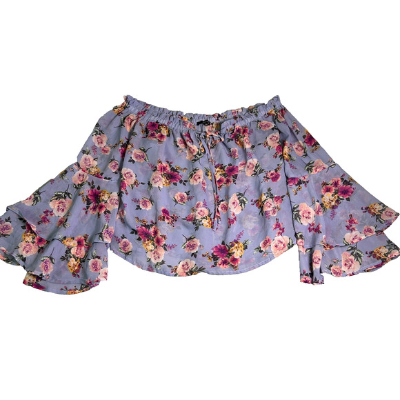 Blashe Floral Bell Sleeve Off Shoulder Fairy Crop Top Womens M Purple Chiffon - Picture 2 of 6